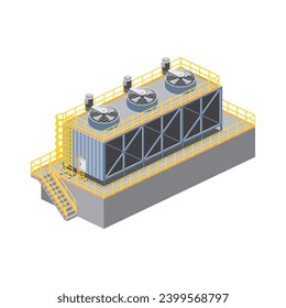 Isometric vector illustration of factory cooling tower. Big air conditioner for manufacture. Air temperature system with access ladder, door, fan, and motor.