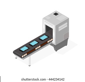 Isometric vector illustration of a factory producing smart devices.
Smart phone and tablet production.
Manufacturing factory machine.