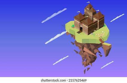 isometric vector illustration of  a fantasy island with medieval castle floating the sky, copy space