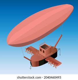 Isometric Vector Illustration Of Fantasy Steampunk Zeppelin On A Blue Background. 