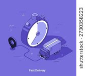 Isometric vector illustration for fast delivery service with stopwatch and truck. Time management and urgent shipping concept for logistics website or app design.