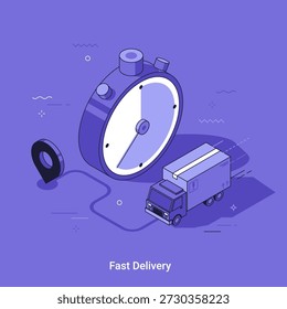 Isometric vector illustration for fast delivery service with stopwatch and truck. Time management and urgent shipping concept for logistics website or app design.