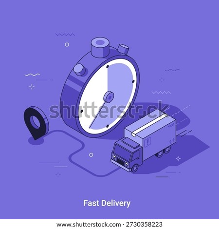 Isometric vector illustration for fast delivery service with stopwatch and truck. Time management and urgent shipping concept for logistics website or app design.