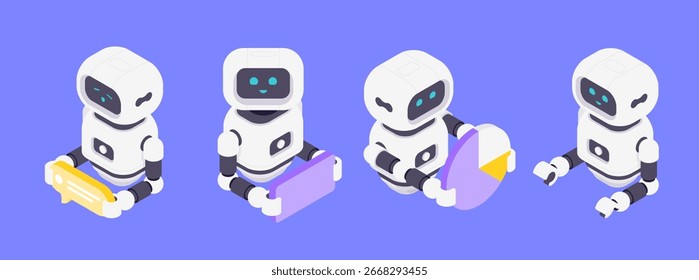 Ilustração vetorial isométrica com robôs de IA simbolizando mensagens, aplicativos móveis, análise de dados e interação adaptativa em um ambiente tecnológico amigável e moderno.