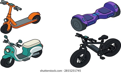 Isometric vector illustration featuring a collection of modern electric personal transportation devices including an orange scooter a purple hoverboard a green moped and a black electric bicycle for urban mobility.