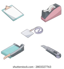 Isometric vector illustration featuring a mailroom and document handling office supplies bundle including a guillotine paper cutter, clipboard with documents, utility knife, tape dispenser, and ID badge with lanyard. Perfect for logistics, shipping, packaging, office administration, document processing, warehouse operations, workplace organization, and business stationery concepts.