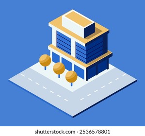 Isometric vector illustration featuring a modern office building with trees and a road, ideal for architectural or urban planning concepts
