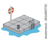 An isometric vector illustration featuring a modular floating dock platform equipped with a safety lifebuoy and a metal ladder sitting on water
