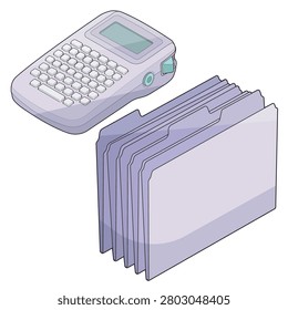Isometric vector illustration featuring a portable label maker and a stack of file folders for office filing and document organization. Ideal for business administration, document management, record keeping, office workflow, workplace productivity, filing systems, archive organization, and corporate stationery concepts.