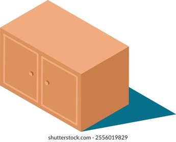 Isometric vector illustration featuring a wooden cabinet with closed doors, casting a distinct shadow on the floor, suitable for interior design or furniture related projects