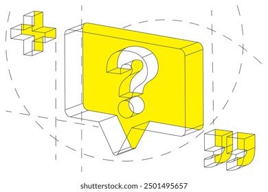 Isometric vector illustration featuring a yellow speech bubble with a white question mark at its center. Surrounded by geometric shapes, symbolizing communication, inquiry, and problem-solving.