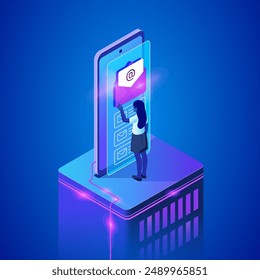 Isometric vector illustration featuring a young woman standing next to a large mobile phone displaying an email icon. Modern communication and connectivity through email. Technology, email marketing