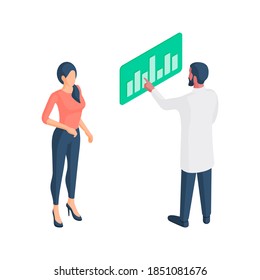 Isometric vector illustration female patient standing near male doctor and sharing results of medical examination on white background representing concept of health care service