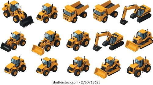 Isometric vector illustration of fifteen construction vehicles including bulldozers, excavators, dump trucks, tractors, and loaders for industry use