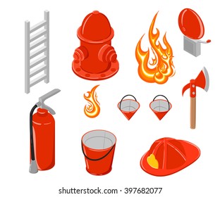 Isometric vector illustration of firefighting. Hook and hydrant. Firefighting collection. Elements for infographic