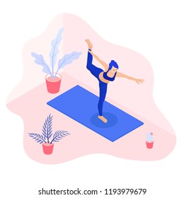 Isometric vector illustration of a fit yoga girl in a dancer pose asana surrounded by plants
