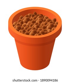 Isometric vector illustration flower pot with expanded clay aggregate isolated on white background. Realistic plant pot with expanded clay drainage vector icon in flat cartoon style.