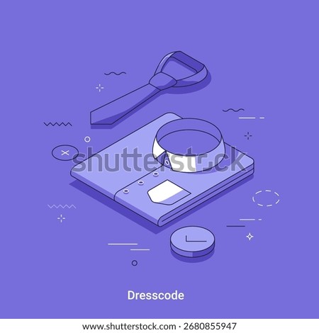 Isometric vector illustration with folded business shirt and necktie with geometric shapes on purple backdrop. Corporate dress code concept for professional attire and formal wear.