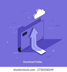 Isometric vector illustration with Folder and arrow pointing from it to cloud. Cloud file folder upload concept for business data storage and cyberspace technology.