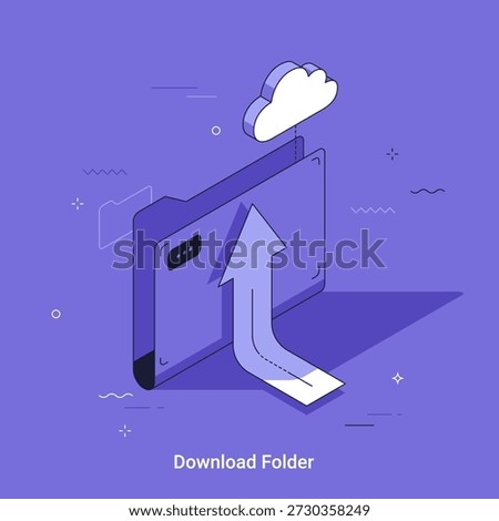 Isometric vector illustration with Folder and arrow pointing from it to cloud. Cloud file folder upload concept for business data storage and cyberspace technology.
