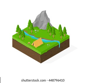 Isometric vector illustration of a forest campsite in rural setting.
Rural Camping landscape.