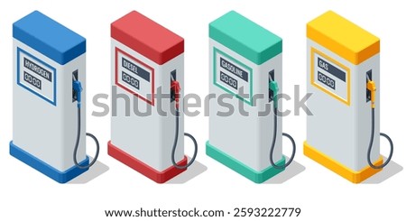 An isometric vector illustration of four distinct fuel pumps labeled hydrogen, diesel, gasoline, and gas. Each pump features a digital display and a color-coded design in 3D.
