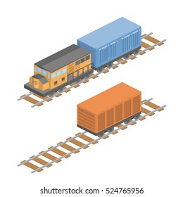 Isometric vector illustration Freight train with wagons. Railway with containers. Set of collection cargo train.