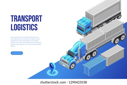 Isometric vector illustration of freight trucks and containers near description for website page