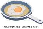Isometric Vector Illustration of Frying Pan Cooking Fried Egg Sunny Side Up