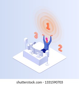 Isometric vector illustration game winner. Young gamer using computer for playing game