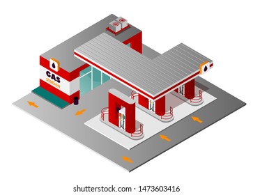 Isometric Vector Illustration Of A Gas Station, Petrol Station With Three Dispensers. Red And White Colors.