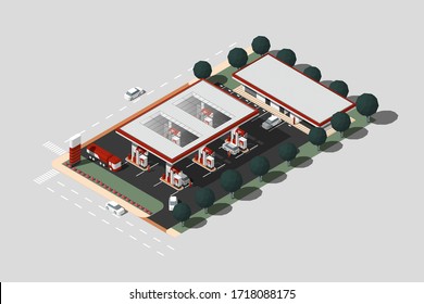 Isométrica ilustración vectorial de una estación de gas
