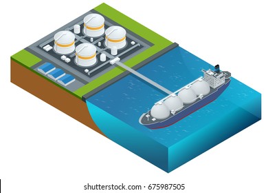 Isometric vector illustration gas tanker, flat design isolated on white background. Cargo ships. Oil, gas tanker. Container ship. LNG tanker