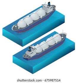 Isometric vector illustration gas tanker, flat design isolated on white background. Cargo ships. Oil, gas tanker. Container ship. LNG tanker