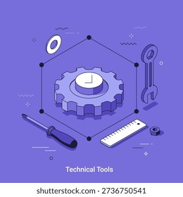 Isometric vector illustration with gear, screwdriver, ruler, wrench, nut, and bolt showing a hexagon. Engineering and technical service concept for website banner.