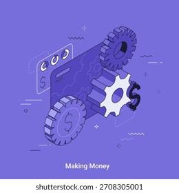 Ilustración vectorial isométrica con mecanismos de engranajes y signos de dólar trabajando juntos. Metáfora del proceso financiero. Concepto de negocio de hacer dinero. Automatización y generación de beneficios.