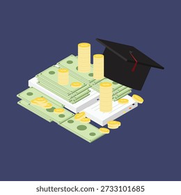 Ilustración vectorial isométrica de pilas de monedas de oro y billetes con un tope de graduación en un libro, que representa el concepto de inversión en educación, costos de becas y éxito financiero a través del conocimiento académico; ideal para servicios financieros, materiales de marketing educativo, planificación de seguros para estudiantes e infografías con respecto al ROI de un título universitario.