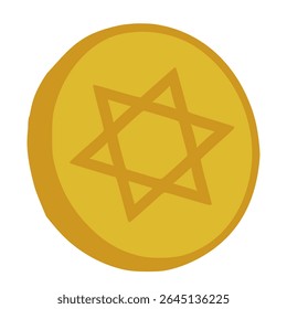 Ilustração vetorial isométrica de uma moeda de ouro com uma Estrela de David, simbolizando a tradição do Chanucá e a herança judaica, perfeita para desenhos festivos.