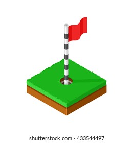 Isometric vector illustration of a golf green with hole and flag pin icon.
Golfing sport icon of a putting green with red flag. 
Golfing Sport Icon.