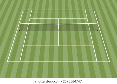 Isometric vector illustration of a grass tennis court with a net, white boundary lines, and a striped lawn pattern