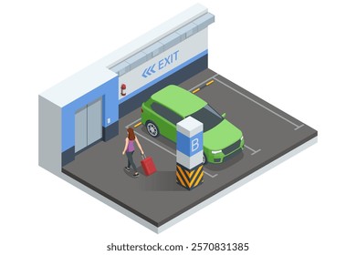 Isometric vector illustration of a green car parked near an exit in an indoor parking facility. A passenger walks toward the exit with luggage