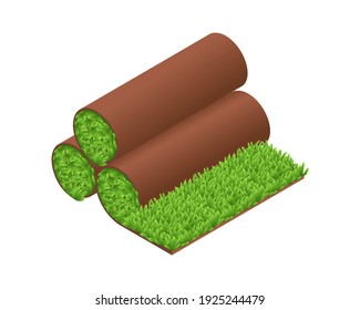 Isometric vectorial ilustración de rollos de césped verde aislados en fondo blanco. Icono de césped de alfombra realista al estilo de dibujos animados planos. Hierba verde rodada artificial. Rollos de césped con suelo marrón.