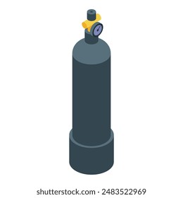 Isometric vector illustration of a grey scuba diving oxygen tank with regulator and valve