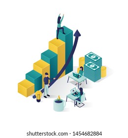 isometric vector illustration a group of people characters are preparing a business project start up. rise of the career to success, business isometric, business analysis