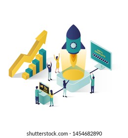 isometric vector illustration a group of people characters are preparing a business project start up. rise of the career to success, business isometric, business analysis