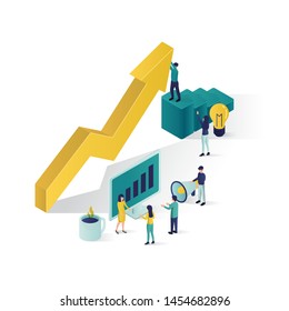 isometric vector illustration a group of people characters are preparing a business project start up. rise of the career to success, business isometric, business analysis