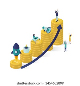 isometric vector illustration a group of people characters are preparing a business project start up. rise of the career to success, business isometric, business analysis