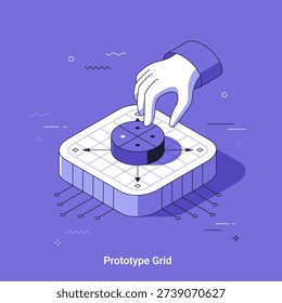 Isometric vector illustration with hand controlling interface on prototype grid. User experience or development concept. Software architecture and product design.