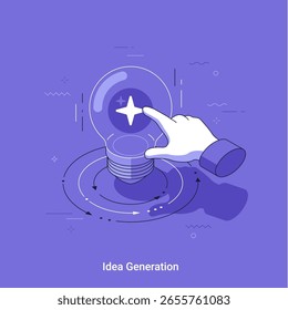 Ilustração de vetor isométrico. Uma mão tocando uma lâmpada com uma estrela brilhante dentro. Conceito de inovação, pensamento criativo, geração de ideias para gerenciamento de projetos.