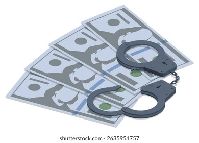 Isometric vector illustration of handcuffs on top of dollar bills. The image symbolizes financial crime, fraud, bribery, and corruption, perfect for law enforcement, justice, and economic issues.